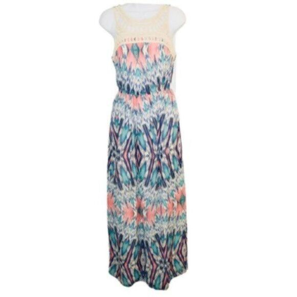 Lily Rose Tribal Ikat Crochet Lace Maxi Dress Teal S - Picture 2 of 8